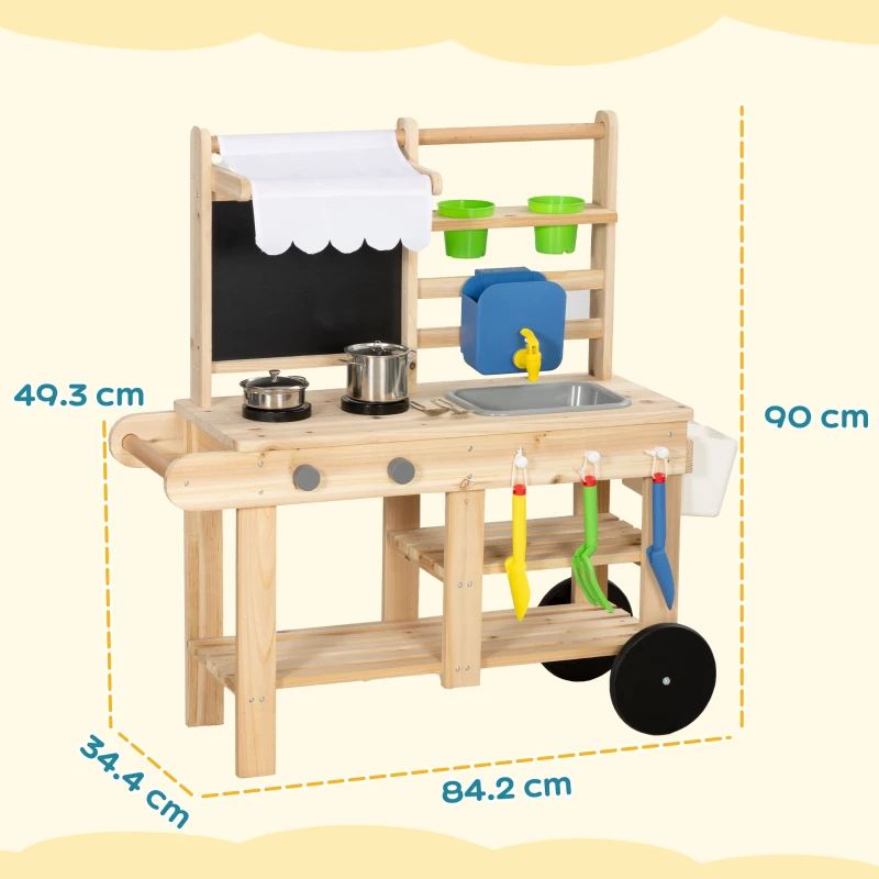 AIYAPLAY Mud Kitchen with Real Water Faucet Pretend Play Kitchen Playset with Sink and Storage Natural Wood