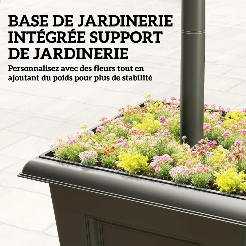 Outsunny Lampadaire Extérieur sur Pied à 3 Têtes avec Bac à Fleurs, Capteur Automatique Crépuscule à L'aube, 52x52x185cm, Noir