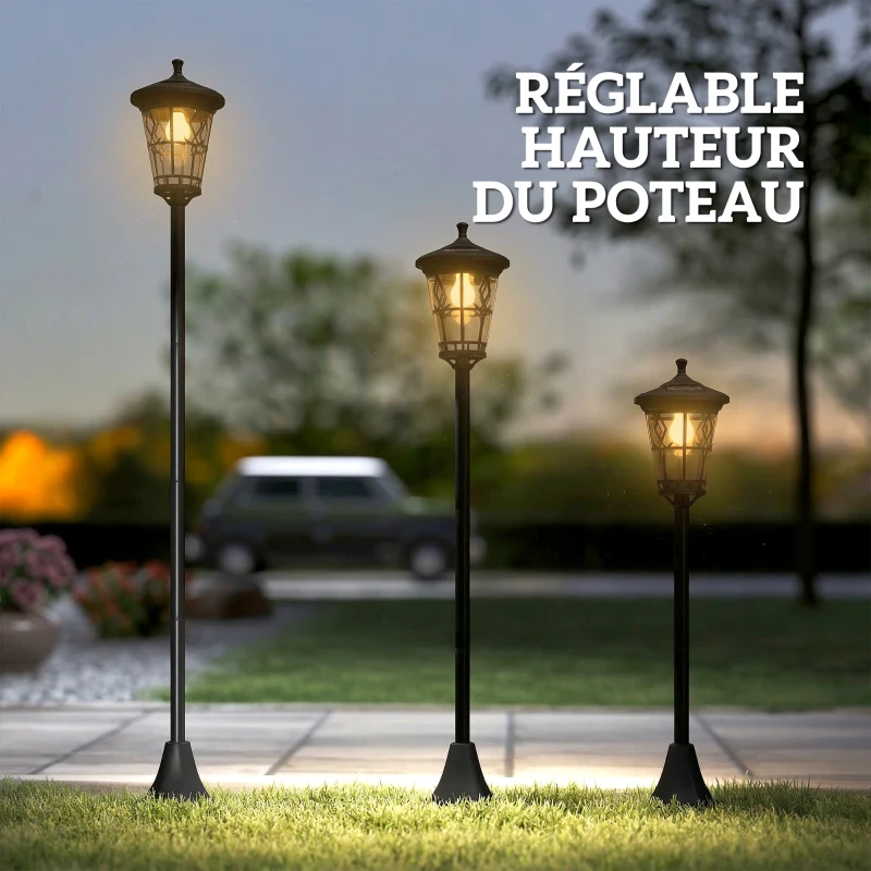 Outsunny Lot de 2 Lampadaires Solaires 1,86 m pour Jardin, Lampes de Rue en Acier Inoxydable à Hauteur Réglable Noir
