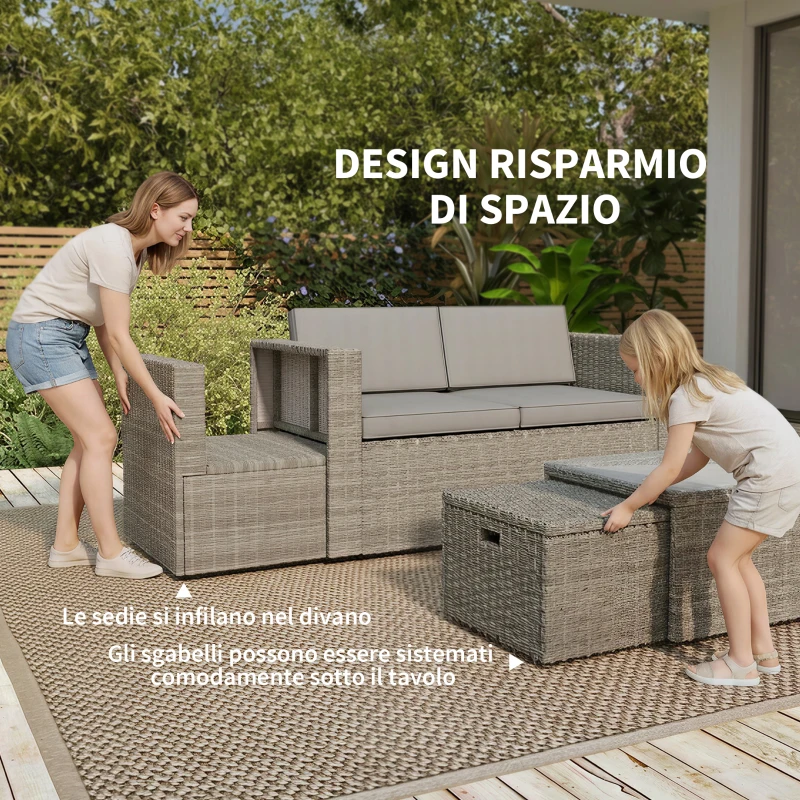 Outsunny Set da Esterno 6pz con Divano, 2 Sedie, Tavolino con Piano in Vetro e 2 Pouf, Grigio Scuro