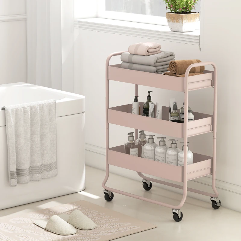 HOMCOM 3-Tier Storage Trolley on Wheels, Rolling Utility Cart with Mesh Backets for Kitchen, Bathroom, Bedroom, Light Pink