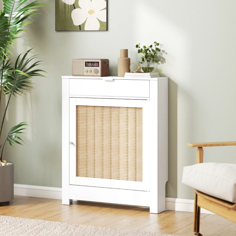 HOMCOM Cobertura para Radiador com Porta Rebatível e Vime Proteção Radiador de MDF 78x19x95,5 cm com Compartimento Desenho Boémio Branco