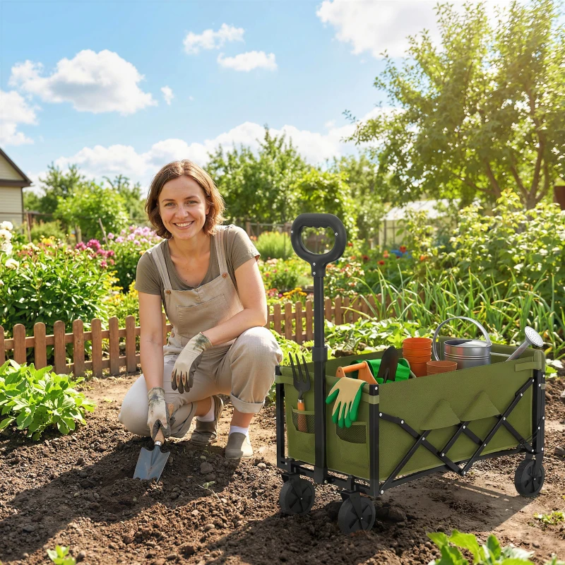 Outsunny 60L Foldable Festival Trolley on Wheels, Collapsible Wagon Cart with Drop-Down Tailgate, Adjustable Handle, Green