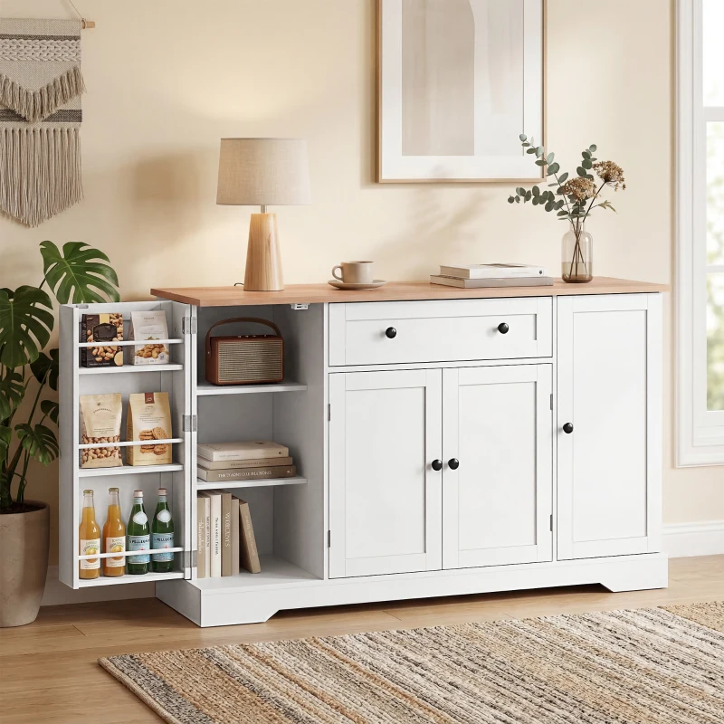 HOMCOM Buffet cuisine, meuble de rangement avec tiroir, 4 portes, étagères réglables et 6 racks de porte, 138x40x83,5cm, blanc
