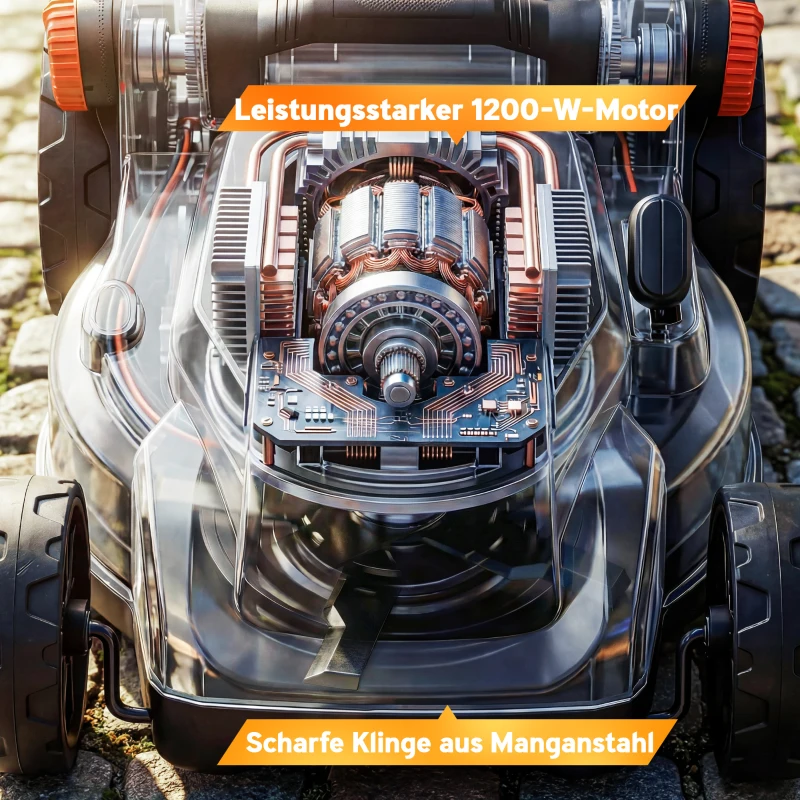 Outsunny Elektro Rasenmäher 1200 W mit 34 cm Schnittbreite 35L Fangkorb Mulchfunktion 6 Schnitthöhen Höhenverstellbar Griffe