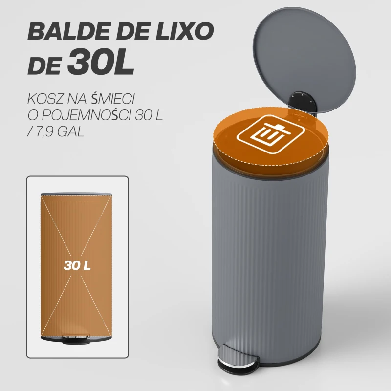 HOMCOM Balde do Lixo para Cozinha com Pedal 30L Cubo de Lixo Metálico com Tampa de Fecho Suave e Balde Removível 36x30x60,5 cm Cinza