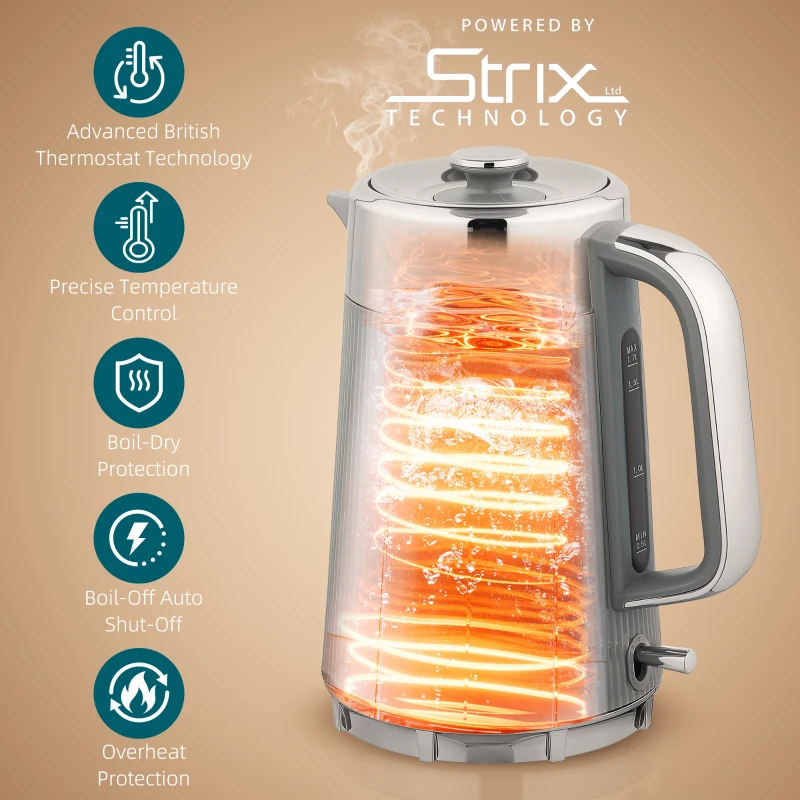 HOMCOM Electric Stainless Steel Kettle and Toaster Set, 3000W 1.7L UK Strix Thermostat Fast Boil Kettle w/ Limescale Filter, Cool Touch Body, 4 Slice Toaster with 7 Browning Levels, Crumb Tray, Grey