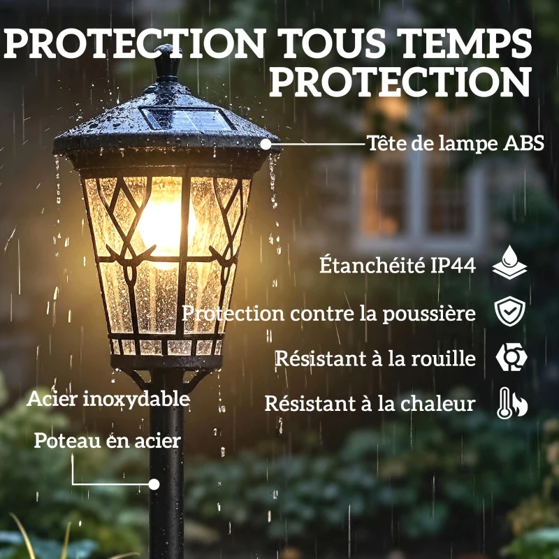 Outsunny Lot de 2 Lampadaires Solaires 1,86 m pour Jardin, Lampes de Rue en Acier Inoxydable à Hauteur Réglable Noir