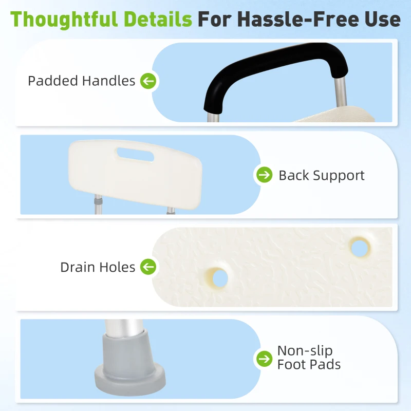 HOMCOM Shower Chair with Arms and Back, Height Adjustable Bath Bench, Non-Slip Shower Stool for Inside Tub, Aluminum Bathroom Bench for Elderly, Senior, Disabled, Handicap, White