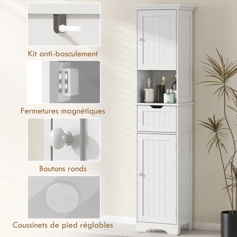 HOMCOM Meuble colonne salle de bain avec éclairage LED, meuble de rangement étroit, tiroir, 2 portes, 40x30x170cm, blanc