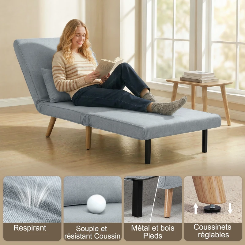 HOMCOM Fauteuil chauffeuse convertible 3 en 1 lit fauteuil lit 1 place dossier 5 positions en tissu avec coussin, gris