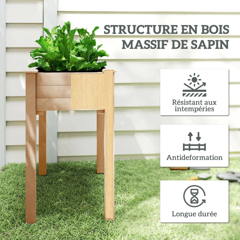 Outsunny Jardinière surélevée en Bois, Carré Potager sur Pied surélevé, Trous de Drainage, Tissu non tissé, 86x46x76 bois naturel