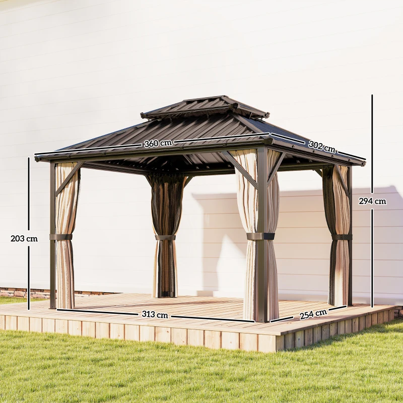 Outsunny 3x3 m Hardtop Gazebo Canopy with UPF50+ Double Galvanised Steel Roof, Aluminium Garden Gazebo Permanent Pavilion, Brown