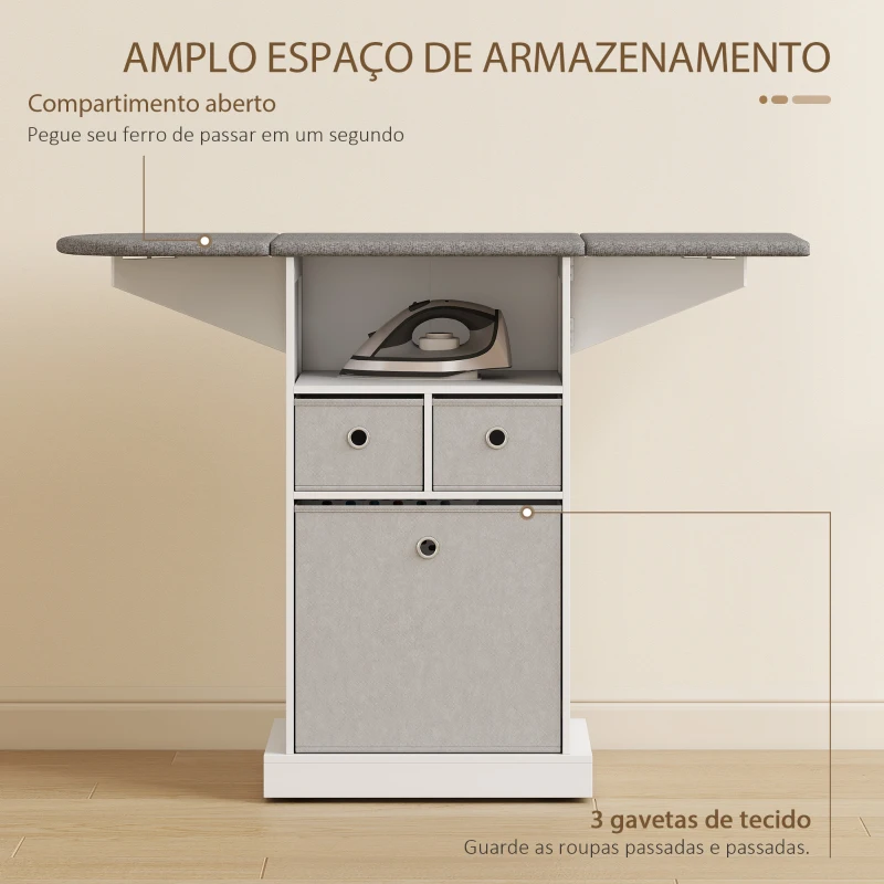 HOMCOM Móvel para Engomar Roupa com Rodas Tábua de Engomar Dobrável com 3 Gavetas Compartimento Aberto 121x37x89,5 cm Branco