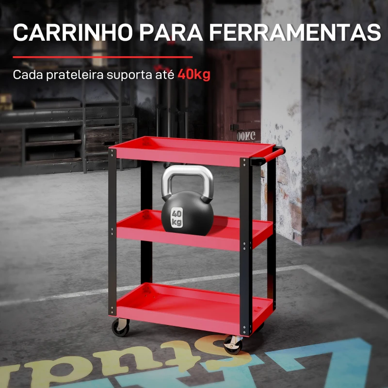 HOMCOM Carrinho de Ferramentas com 3 Prateleiras Rodas e Alças para Garagem Mecânica Casa Carga 120 kg Vermelho e Negro