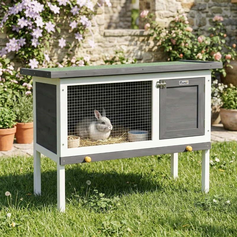 PawHut Wooden Rabbit Hutch, Guinea Pig Hutch with Asphalt Roof, Outdoor Elevated Bunny House for Rabbits, Chinchillas