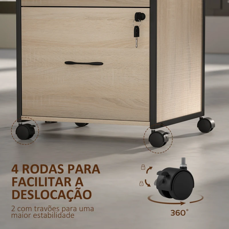 Vinsetto Bloco de Gavetas com Fechadura Rodas 2 Gavetas Barra Suspensa para Papéis A4 e Carta e 2 Chaves 44x40x66,5 cm Madeira