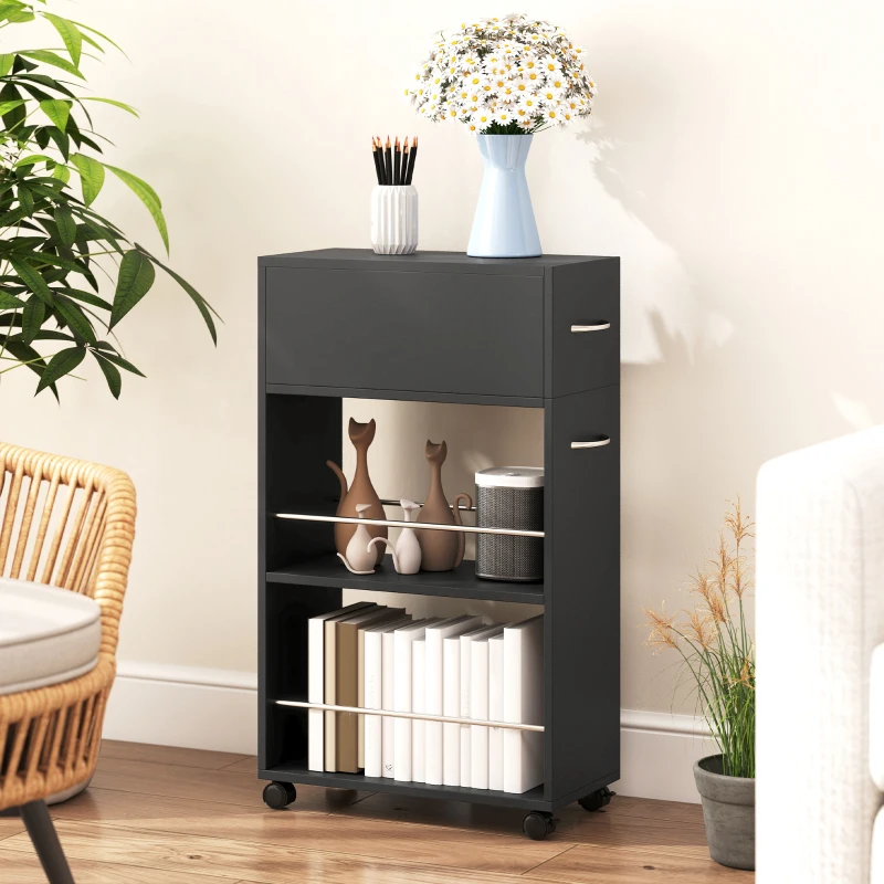 HOMCOM Chariot de cuisine desserte sur roulettes avec 1 tiroir et 2 étagères ouvertes pour salle à manger 25 x 50 x 85 cm Noir