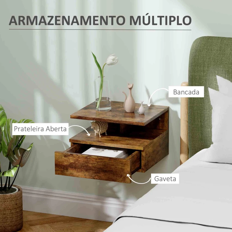 HOMCOM Conjunto de 2 Mesas de Cabeceira Flutuantes com Gaveta e Prateleira Aberta para Sala de Estar, 35x32x22,5 cm Castanho Rústico