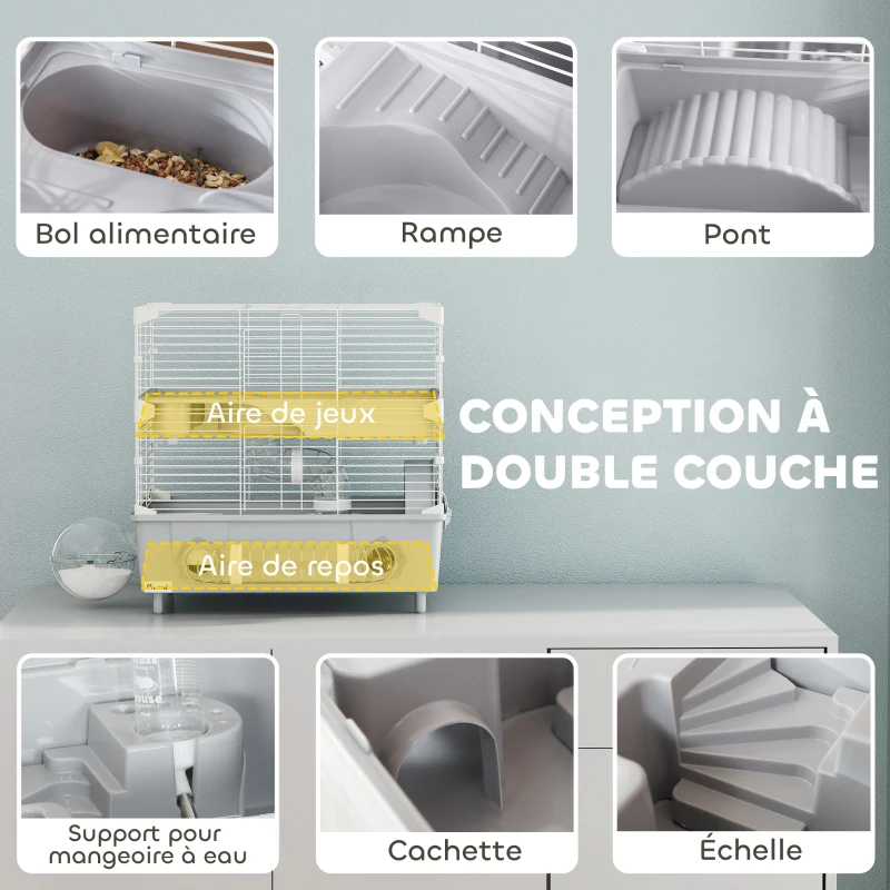 PawHut Cage pour hamster  à 2 niveaux avec roue de course salle de bain en sable pour hamster nain 44,5 x 28 x 44 cm gris