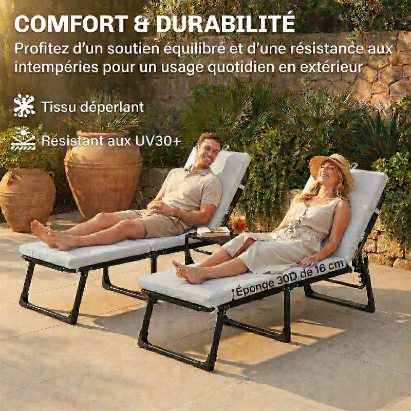 Outsunny Lot de 2 Coussins de Chaise Longue avec 5 Sangles et Poignée Intégrée, pour Plage Balcon Jardin, 182x53x6cm, Gris Clair