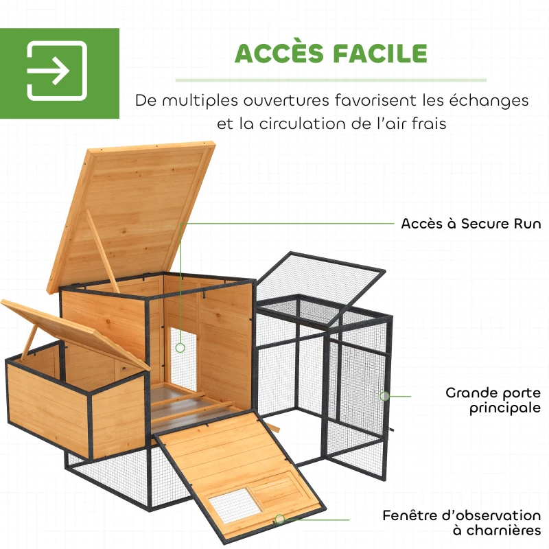 PawHut Poulailler cage à poule en bois et acier avec enclos pondoir tiroir à déjection et toit ouvert 192x81,5x104cm orange