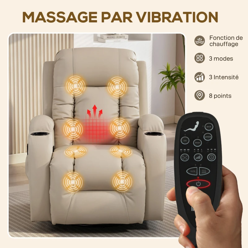 HOMCOM Fauteuil inclinable de massage et chauffage, fauteuil de relaxation, dossier réglable, pivotant 360°, 82x99x103cm, crème