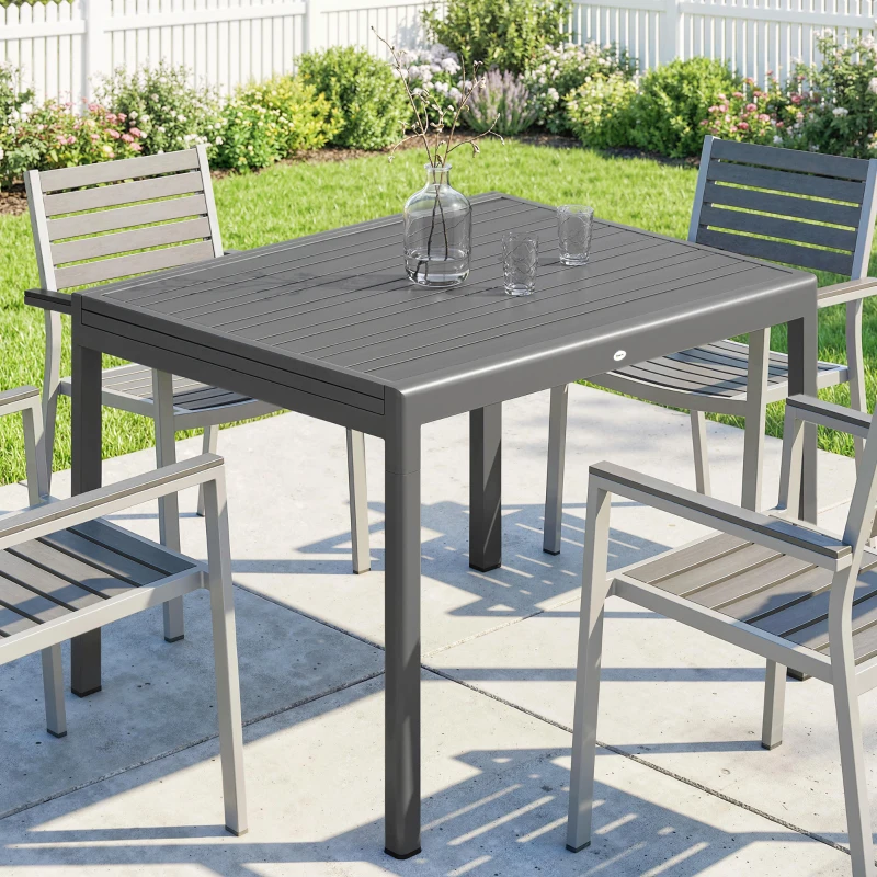Outsunny Tavolo da Giardino Allungabile per 6-8 Persone con Piano a Doghe, in Alluminio, 110-170x90x75 cm, Grigio Scuro