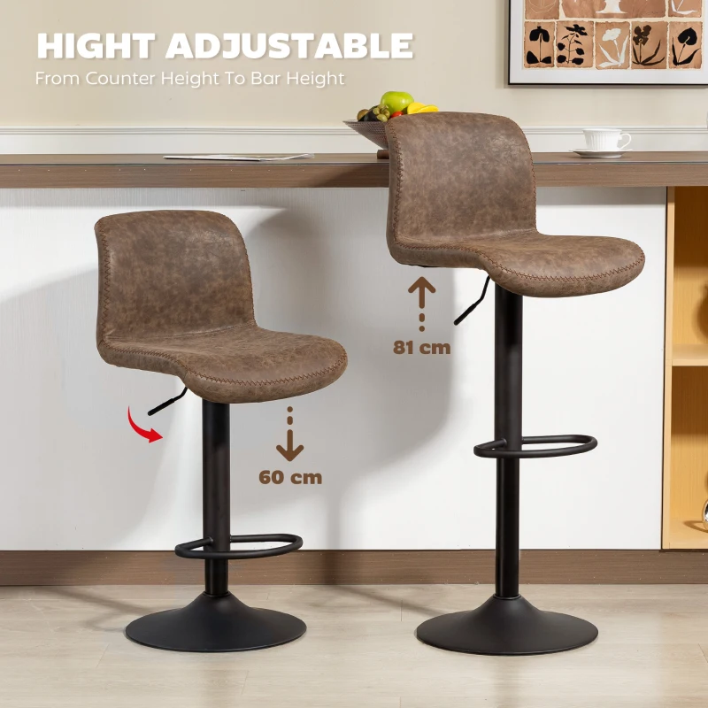 HOMCOM Bar Stools Set of 2, PU Leather Barstools with Backrest and Footrest for Kitchen, Counter, Breakfast Bar, Brown