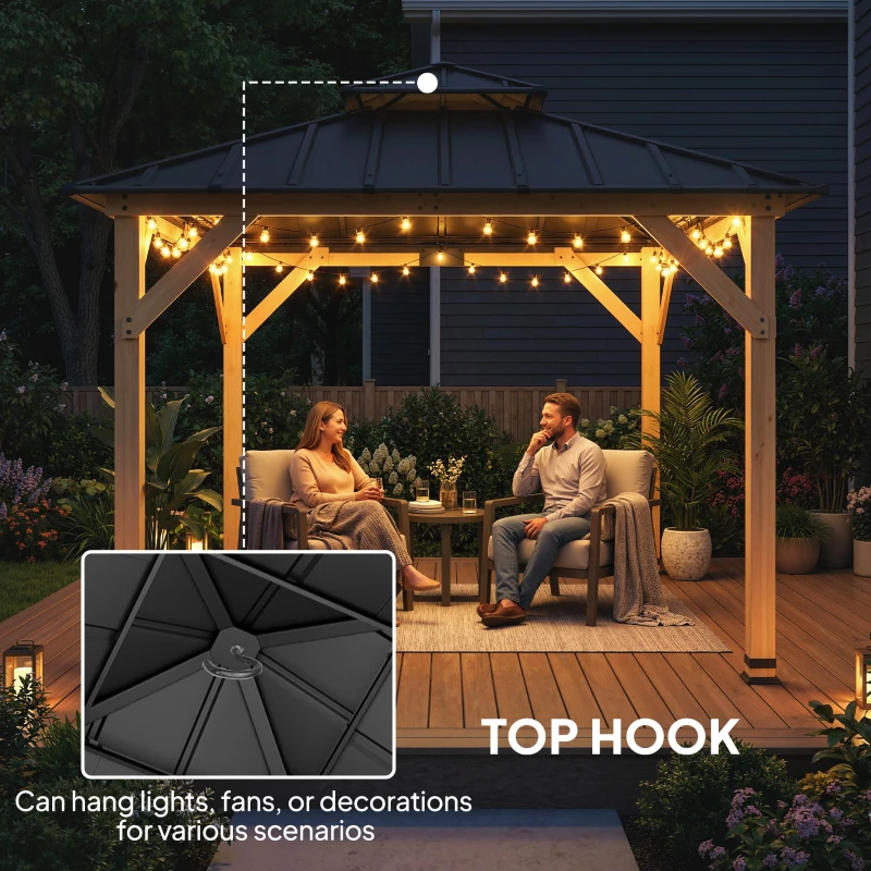 Outsunny 3 x 3 m Outdoor Hardtop Gazebo Canopy with 2-Tier Steel Roof, Wood Garden Gazebo with Curtains, Grey