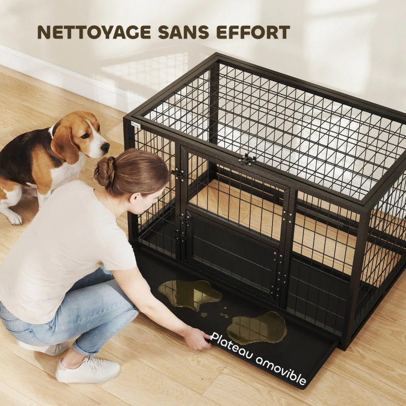 PawHut Cage pour Chien Robuste Niche Chien Intérieur Toit Ouvrant et Porte de Nourrissage Acier 94 x 60 x 64 cm Noir