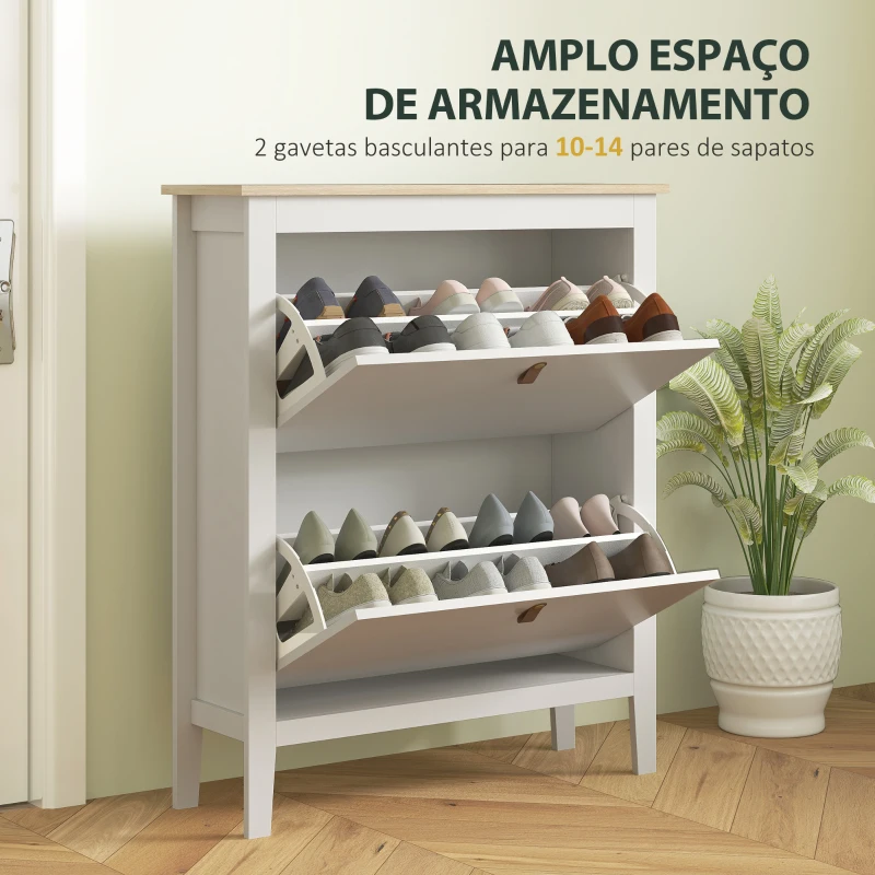 HOMCOM Sapateira Estreita com 2 Gavetas Prateleiras Ajustáveis e Puxadores em PU para 14 Pares de Sapatos 80x24x95,5 cm Branco