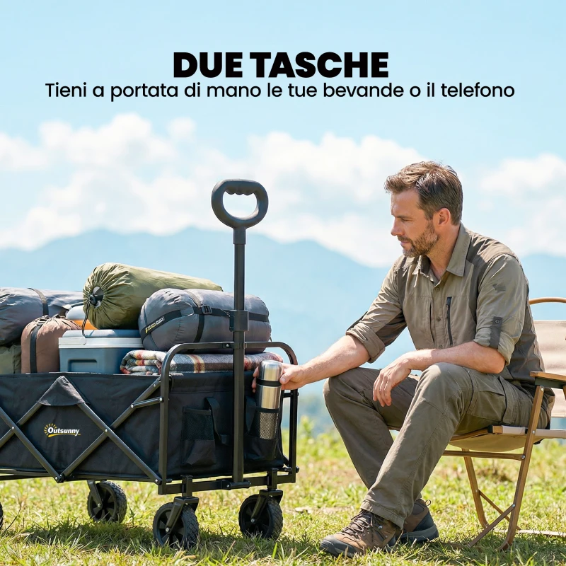 Outsunny Carrello da Giardino 72L Pieghevole con Manico Regolabile, in Acciaio e Tessuto Oxford, 114x46x92 cm, Nero