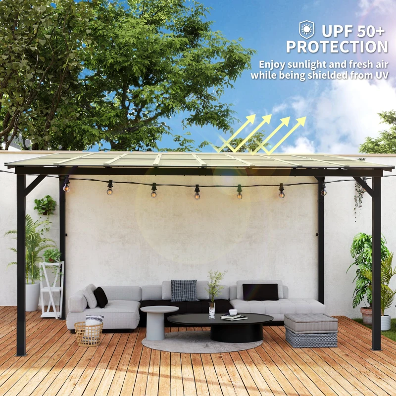 Outsunny 3 x 4.3 m Lean to Pergola with UPF 50+ Waterproof Polycarbonate Roof, Wall-Mounted or Free Standing Hardtop Roof Garden Metal Pergola Gazebo, Heavy Duty Outdoor Sun Shade, Dark Grey