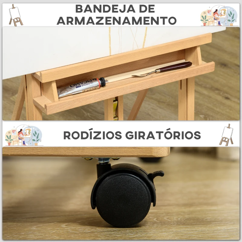 Vinsetto Cavalete de Pintura Dobrável 238 cm Cavalete de Madeira com Rodas Altura Ajustável Bandeja Madeira