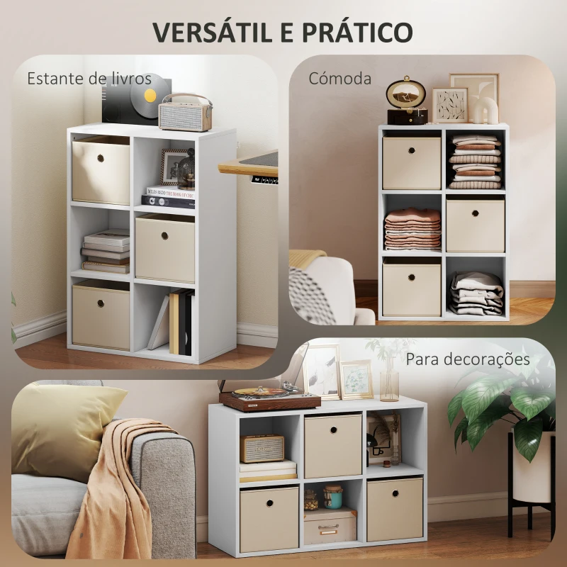 HOMCOM Estante Cubo Estante de Armazenamento Horizontal ou Vertical com 6 Compartimentos e 3 Gavetas de Tecido 53,7x30x79,8 cm Branco e Bege
