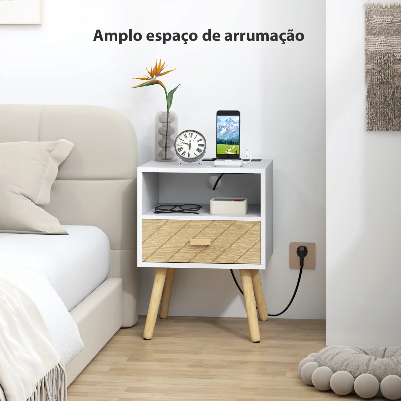 HOMCOM Mesa de Cabeceira com Estação de Carregamento Gaveta 2 Tomadas AC Porta USB e Tipo-C  40x35x54,7 cm Branco