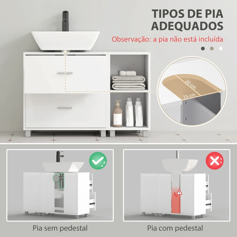HOMCOM Móvel para Lavatório, Armário de Casa de Banho com 2 Gavetas e 2 Prateleiras Abertas, para Lavatório com Pedestal, 90x30x60 cm, Branco