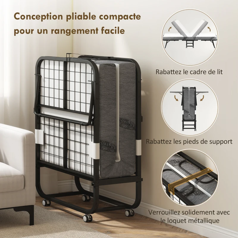 HOMCOM Lit pliant 1 personne 200 x 80 cm avec matelas, lit d'appoint pliable et portable sur roulettes, cadre en acier, blanc