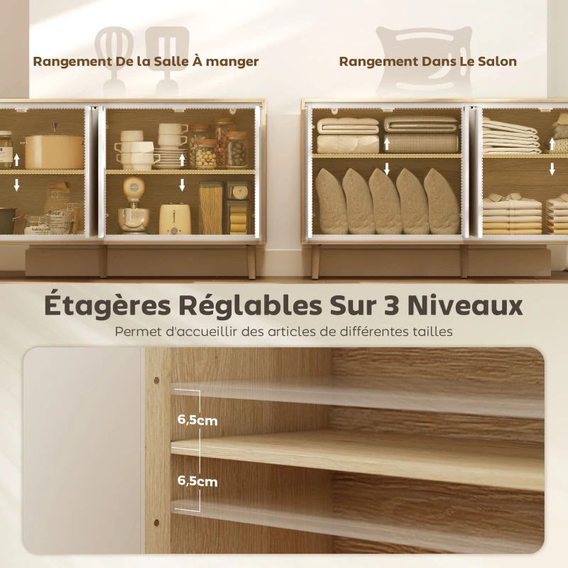 HOMCOM Buffet à haute brillance, meuble de rangement avec 4 portes, étagères réglables, 141 x 35 x 77 cm, blanc et chêne