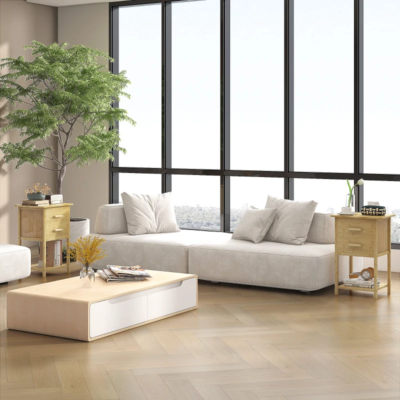 HOMCOM Lot de 2 tables de chevet table de nuit en bambou avec 2 tiroirs et 1 étagère 40 x 34 x 60 cm naturel