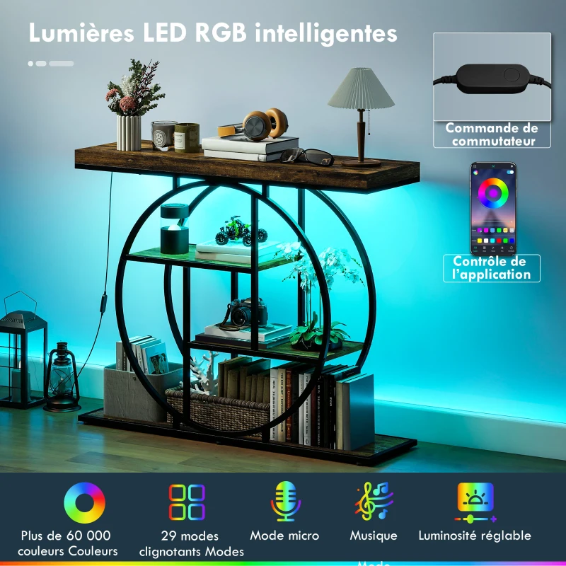 HOMCOM Console meuble avec éclairage LED 100 cm, table console à 4 niveaux avec étagères ouvertes, marron rustique et noir(m-4)