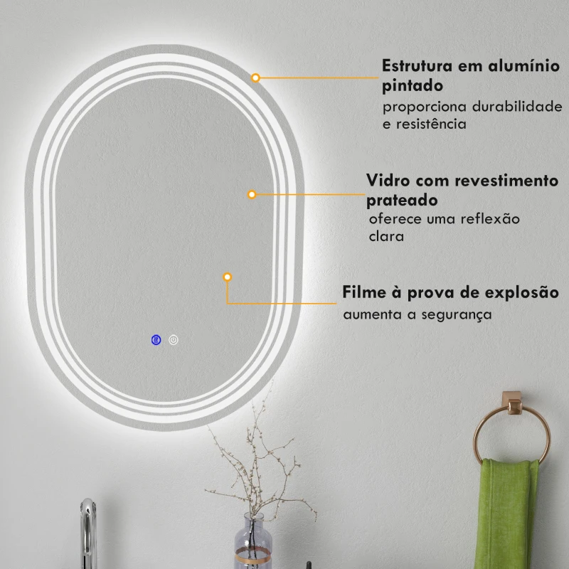 kleankin Espelho Casa de Banho com Iluminação 70x50 cm Espelho de Parede com 3 Cores de Luz Brilho Ajustável Função Anti-Embaciamento Função Memória