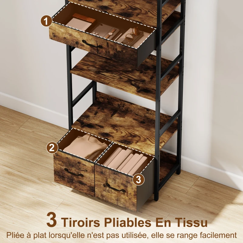 HOMCOM Bibliothèque étagère de rangement à 6 niveaux avec 4 étagères, 3 tiroirs en tissu, 60x30x176cm, brun rustique