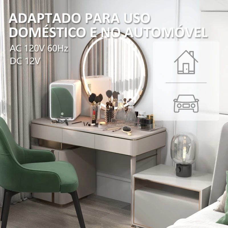 HOMCOM Mini Frigorífico para Cosméticos 10L 12V/240V para Arrefecer e Aquecer com Espelho de Luzes LED  23,5x28x34 cm Branco