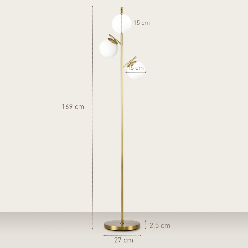 HOMCOM 3-Light Tree Floor Lamps for Living Room, Modern Standing Lamp for Bedroom with Globe Lampshade, 3000K/4000K/6000K Colour Temperatures, Steel Base, Gold Tone