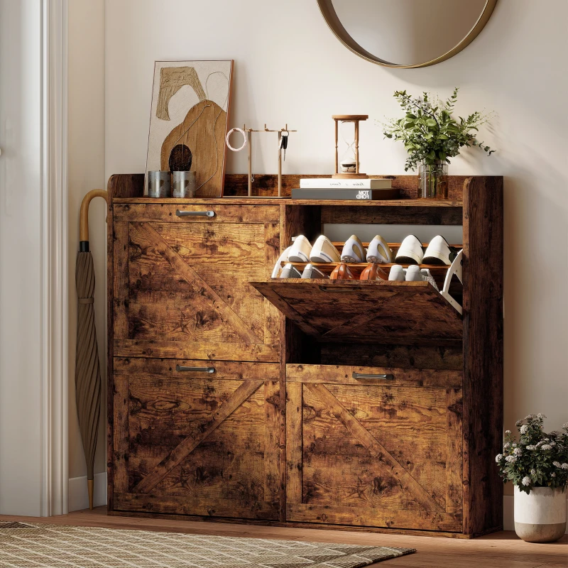 HOMCOM Sapateira de 4 Portas com Prateleiras Ajustáveis Estilo Industrial para 24 Pares de Sapatos 120x24x103 cm Castanho Rústico