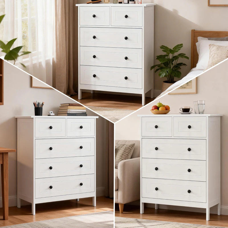 HOMCOM Commode meuble de rangement 5 tiroirs pour chambre, bureau, entrée, blanc et poignée métal noir(m-7)