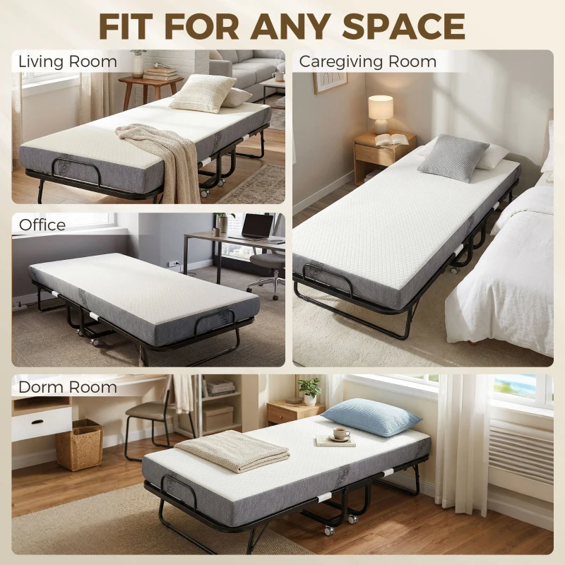 HOMCOM Lit pliant 1 personne 200 x 80 cm avec matelas, lit d'appoint pliable et portable sur roulettes, cadre en acier, blanc