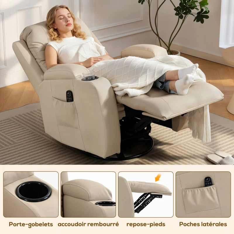 HOMCOM Fauteuil inclinable de massage et chauffage, fauteuil de relaxation, dossier réglable, pivotant 360°, 82x99x103cm, crème